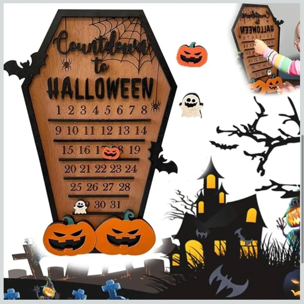 NWT Countdown to Halloween Calendar Wooden Advent Coffin Shaped Wall‎ Decor